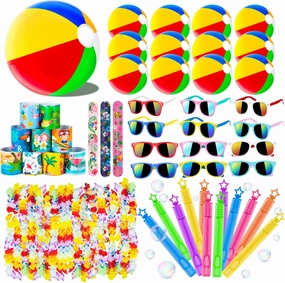 Summer Pool Beach Party Favors,60PCS Kids Toys for Birthday Party Supplies,Pool Beach Toys for Kids,Hawaiian Leis for Luau Party Decorations,Beach Ball,Kids Sunglasses,Bubble Wands