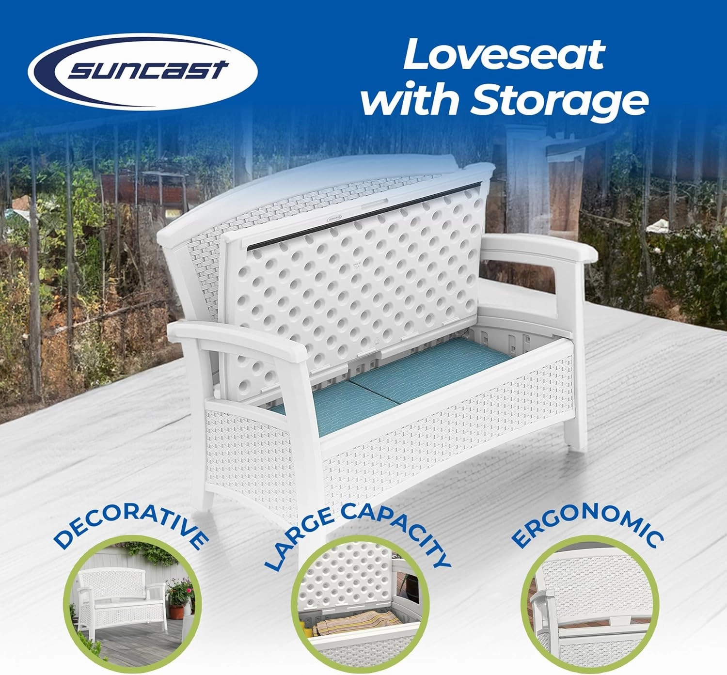 Suncast Elements Stylish Lightweight Loveseat Outdoor Seating with Convenient Built In Universal Storage, and All Weather Plastic, White
