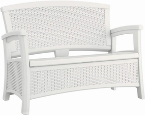 Suncast Elements Stylish Lightweight Loveseat Outdoor Seating with Convenient Built In Universal Storage, and All Weather Plastic, White