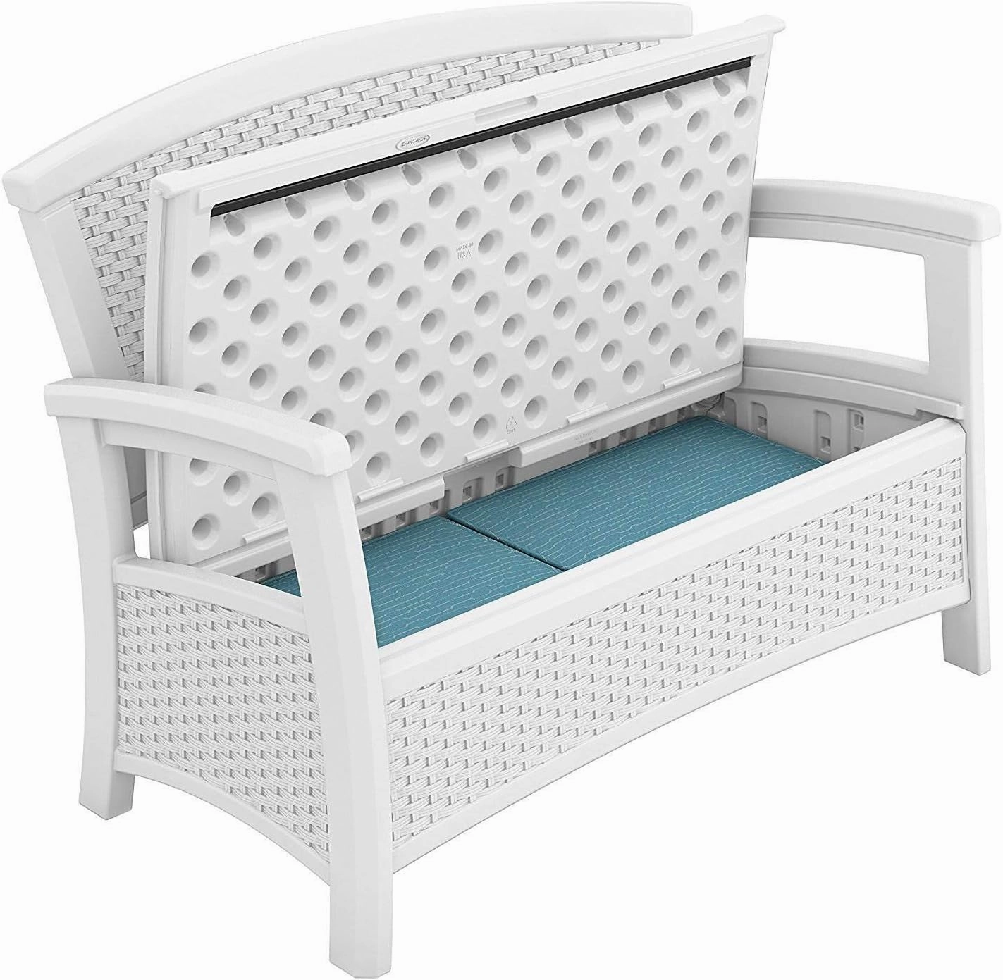 Suncast Elements Stylish Lightweight Loveseat Outdoor Seating with Convenient Built In Universal Storage, and All Weather Plastic, White
