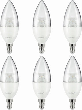 Sunlite 41611 LED B10 Clear Torpedo Tip Chandelier Light Bulb, 5 Watts (40W Equivalent) 470 Lumens, European E14 Base, Dimmable, 2700K Soft White, 6 Pack