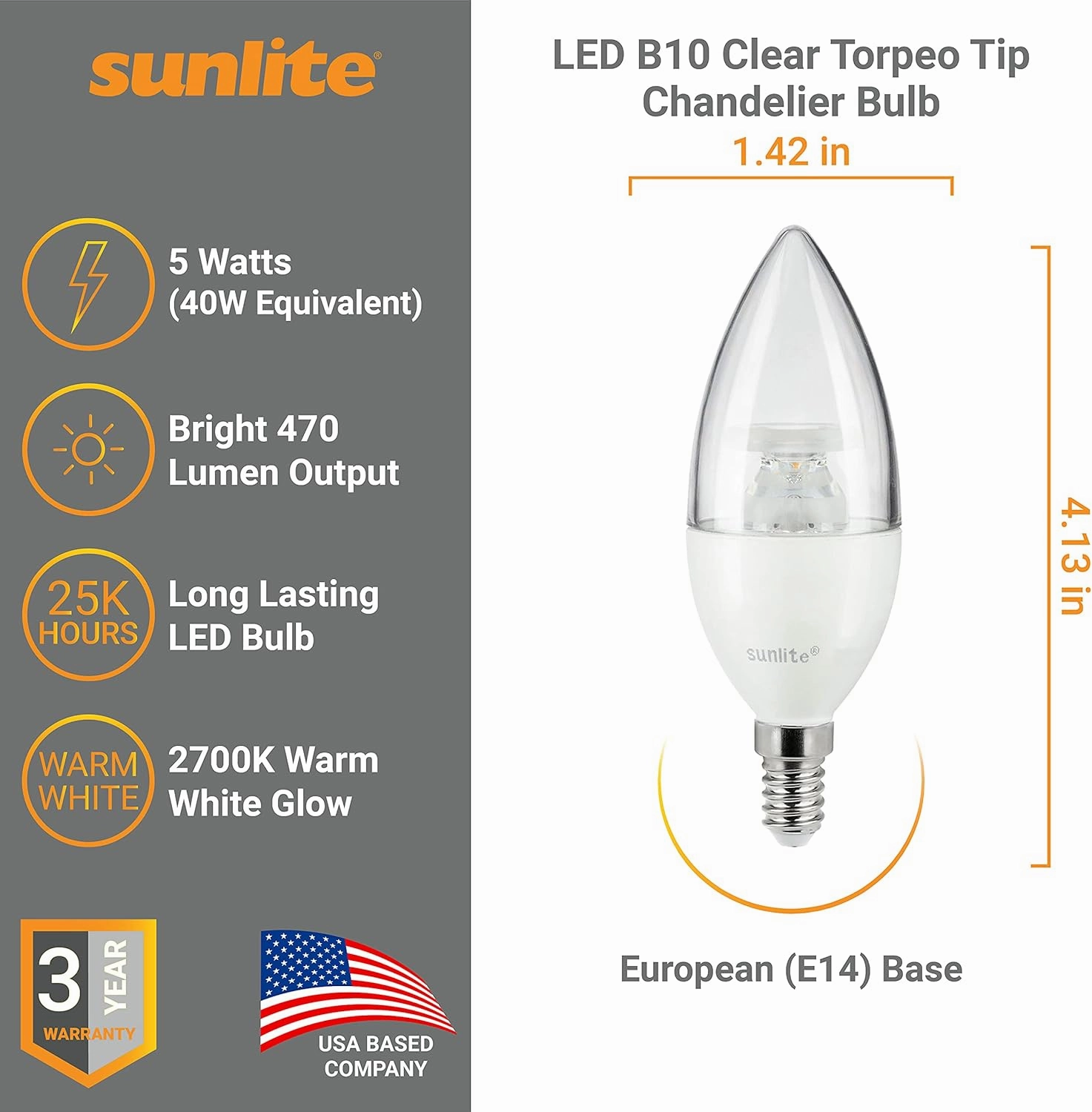 Sunlite 41611 LED B10 Clear Torpedo Tip Chandelier Light Bulb, 5 Watts (40W Equivalent) 470 Lumens, European E14 Base, Dimmable, 2700K Soft White, 6 Pack