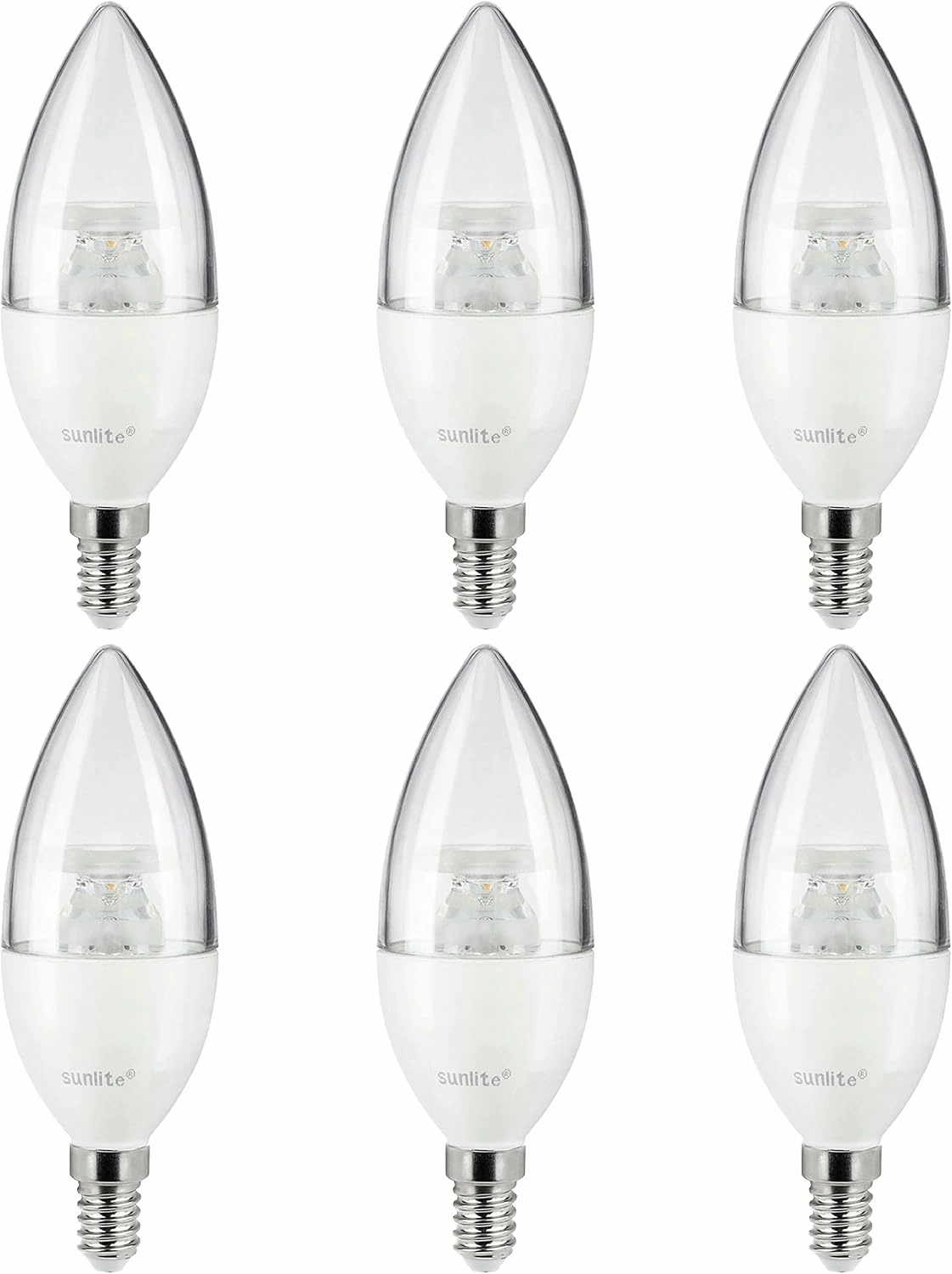 Sunlite 41611 LED B10 Clear Torpedo Tip Chandelier Light Bulb, 5 Watts (40W Equivalent) 470 Lumens, European E14 Base, Dimmable, 2700K Soft White, 6 Pack