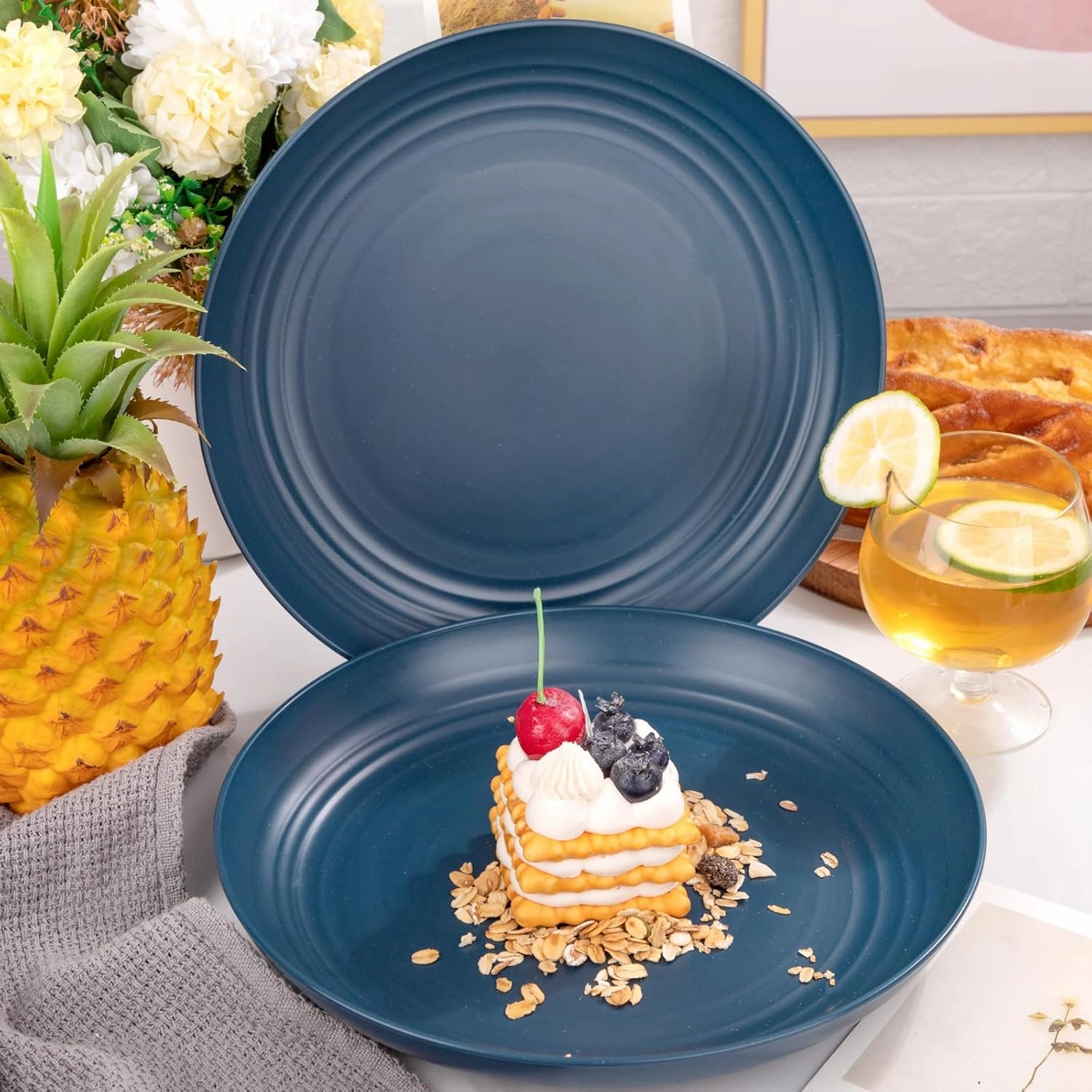 Supernal 16pcs Dark Blue Wheat Straw Plates,Deep Dinner Plates Set,Premium Reusable Plastic Plates,Unbreakable Party Plates,Dishwasher & Microwave Safe for Camping, Picnic
