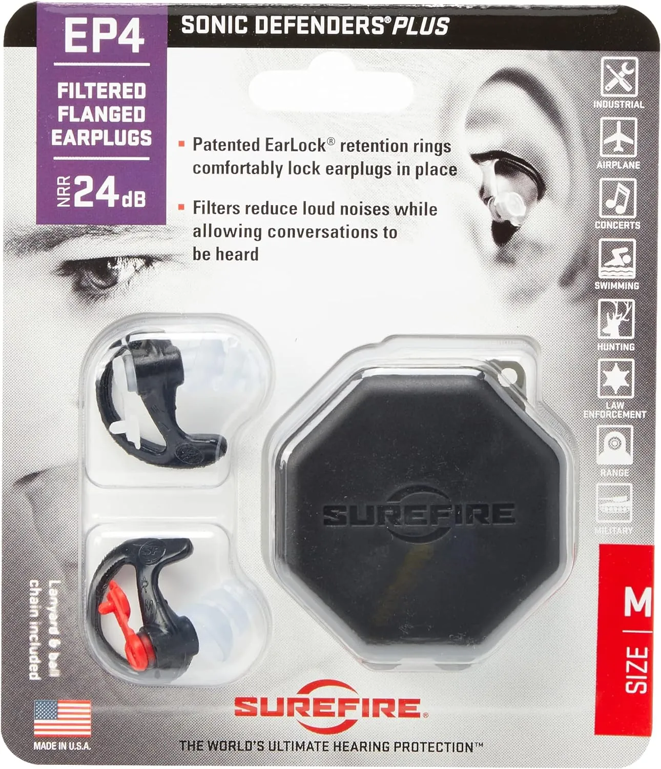SureFire EP4 Sonic Defenders Plus filtered Earplugs, triple flanged design, reusable, Black, Small