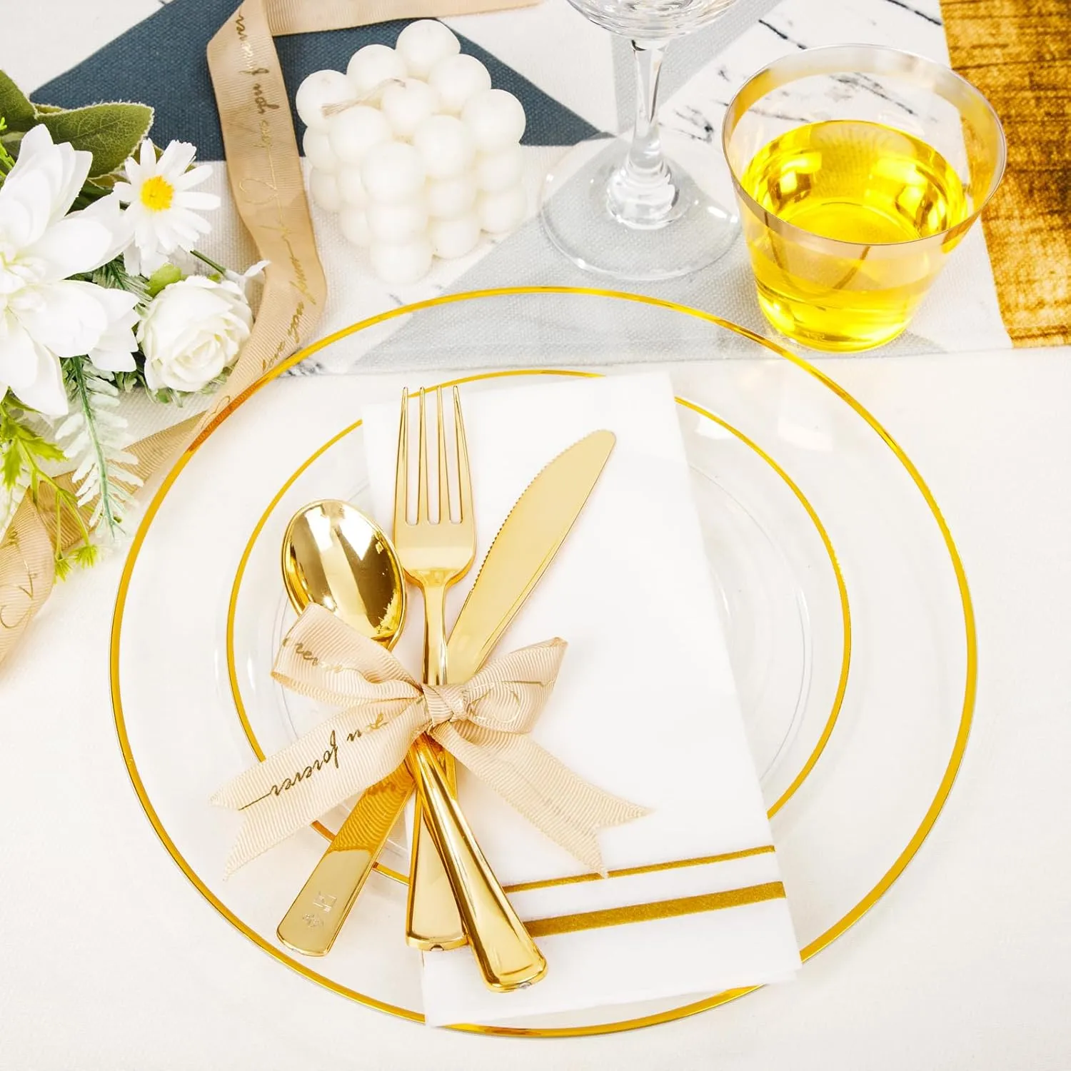 SUT 350Pcs Plastic Dinnerware Set for 50 Guests, Clear and Gold Plastic Plates, Disposable Plates and Napkins Party Supplies, Gold Silverware, Plates, Cups and Napkins Sets for Party Weddings