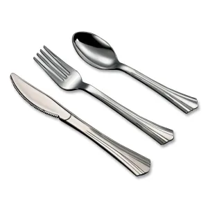 Tablemate® Sterling Assorted Plastic Cutlery, Mediumweight, (20) Forks/(15) Knives/(15) Spoons, Plastic, Silver, 50/Pack
