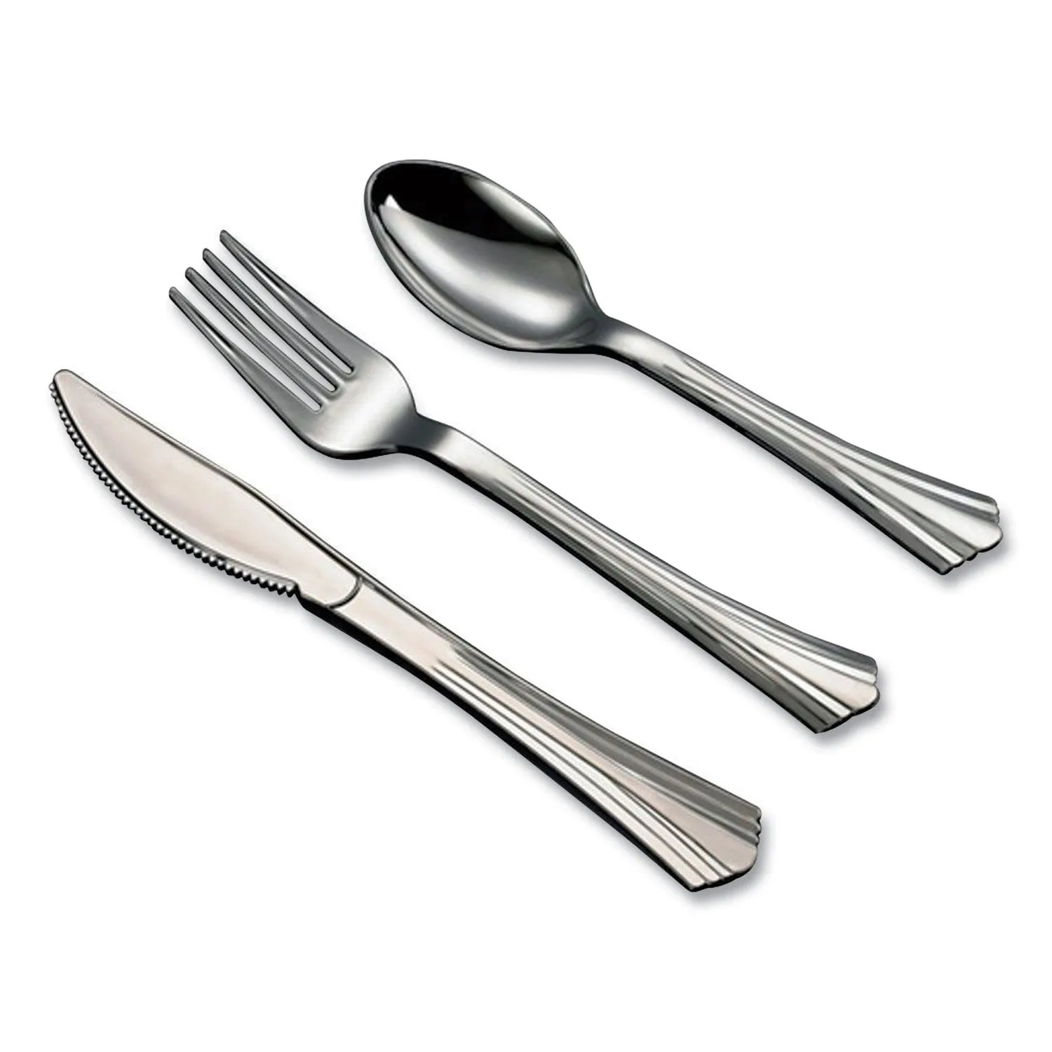 Tablemate® Sterling Assorted Plastic Cutlery, Mediumweight, (20) Forks/(15) Knives/(15) Spoons, Plastic, Silver, 50/Pack