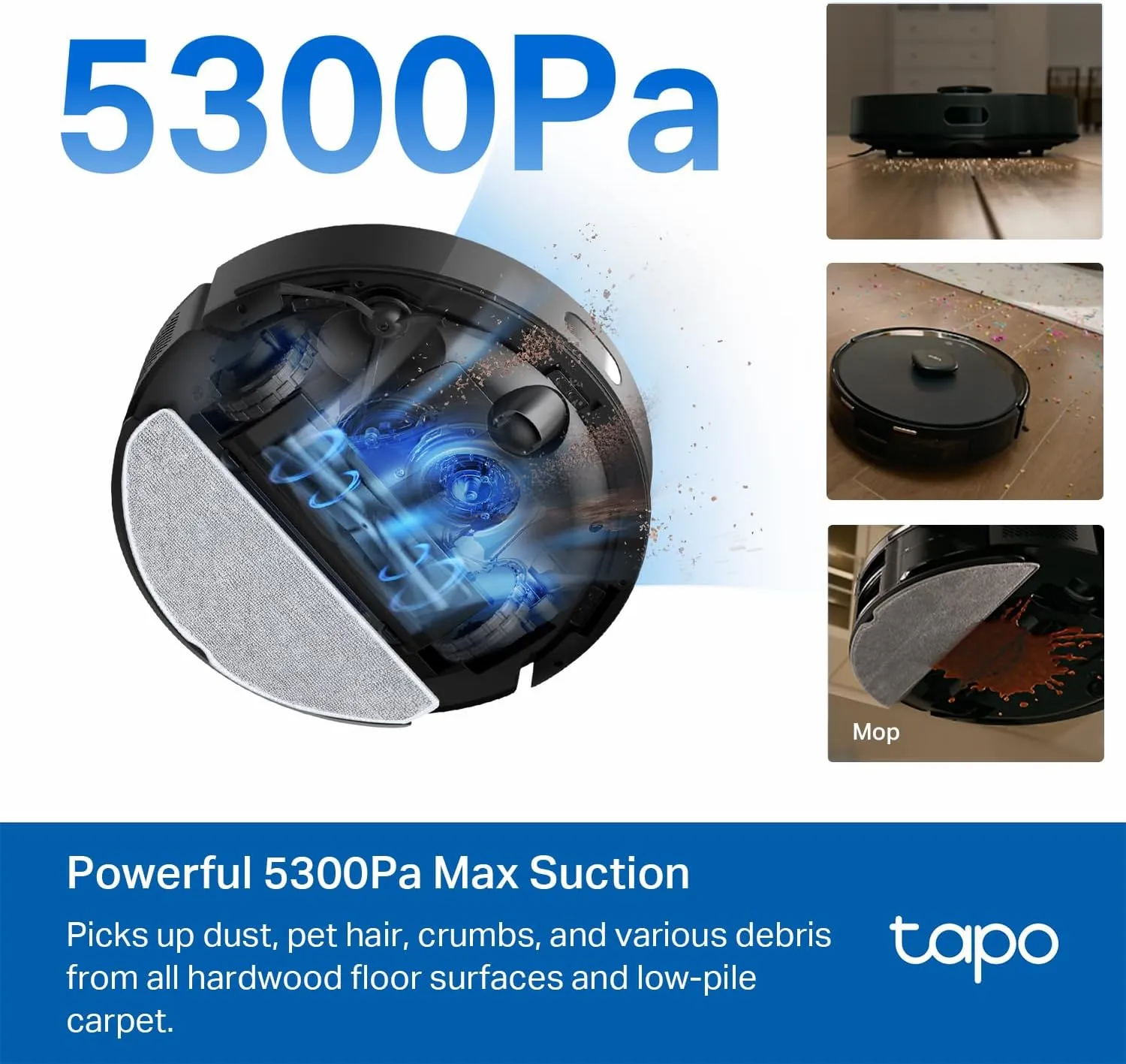 Tapo LiDAR Smart Navigation Robot Vacuum and Mop, 5300Pa Max, 97%  Dust Pickup Rate, Customizable Cleaning, Self-Charging, Works w/Alexa & Google Home, RV30 Max