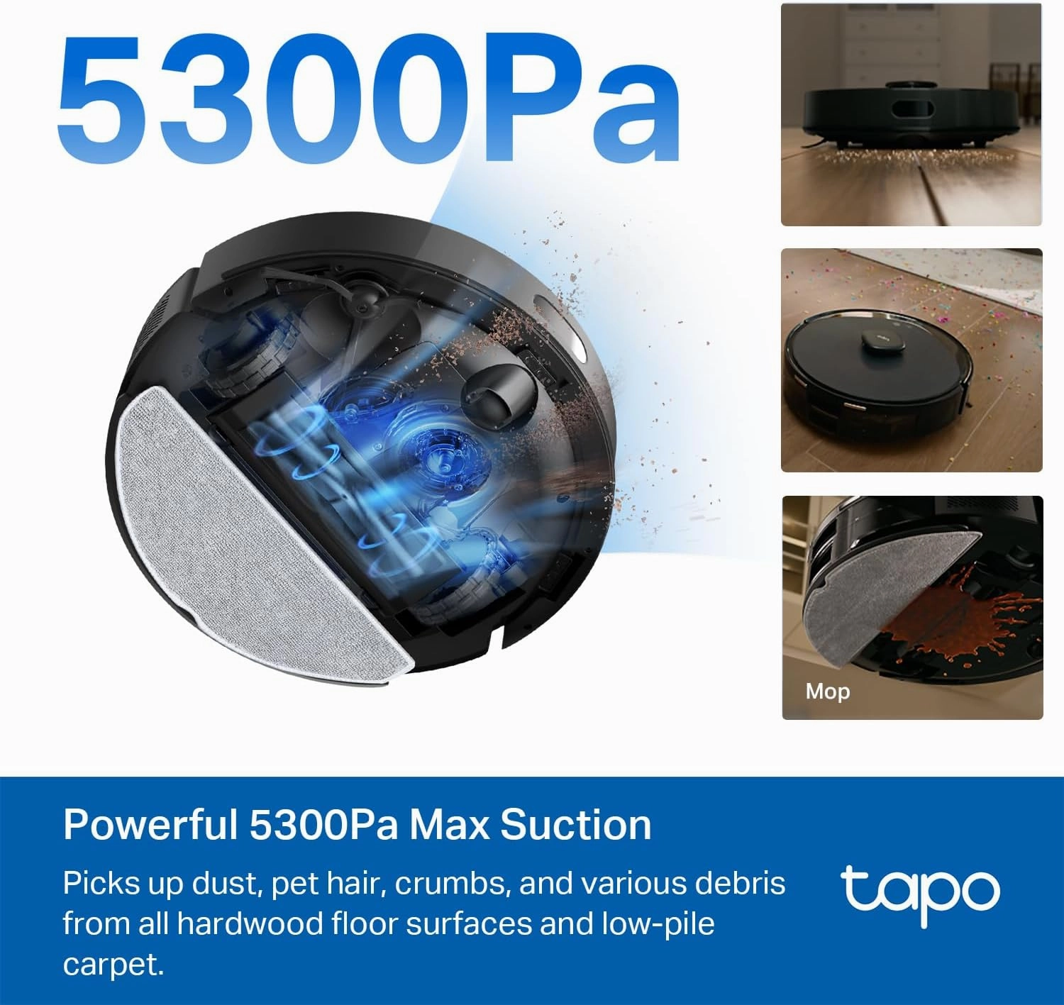 Tapo Ultra-Slim LiDAR Smart Navigation Robot Vacuum and Mop with Self-Emptying Dock, 5300Pa Max, 97%  Dust Pickup Rate, Self-Charging, Compatible with Alexa & Google Home, RV20 Max Plus