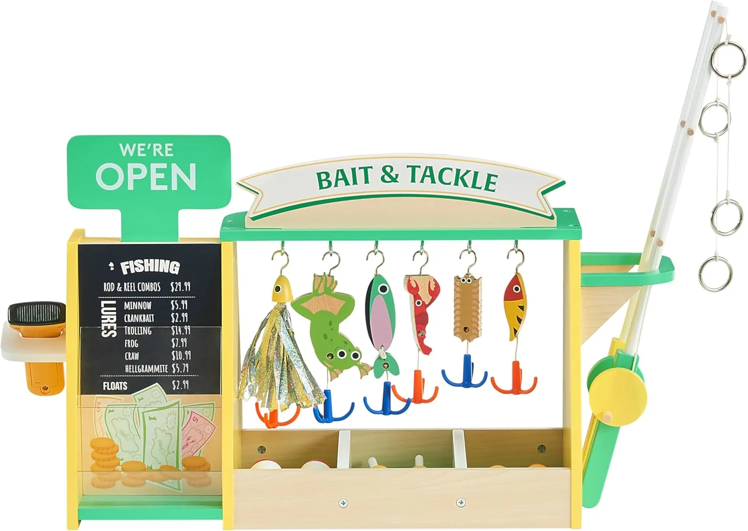 Teamson Kids My Little Helper Fishing Shop & 26 pc. Accessory Set with Interactive Handheld Scanner, Green/Yellow