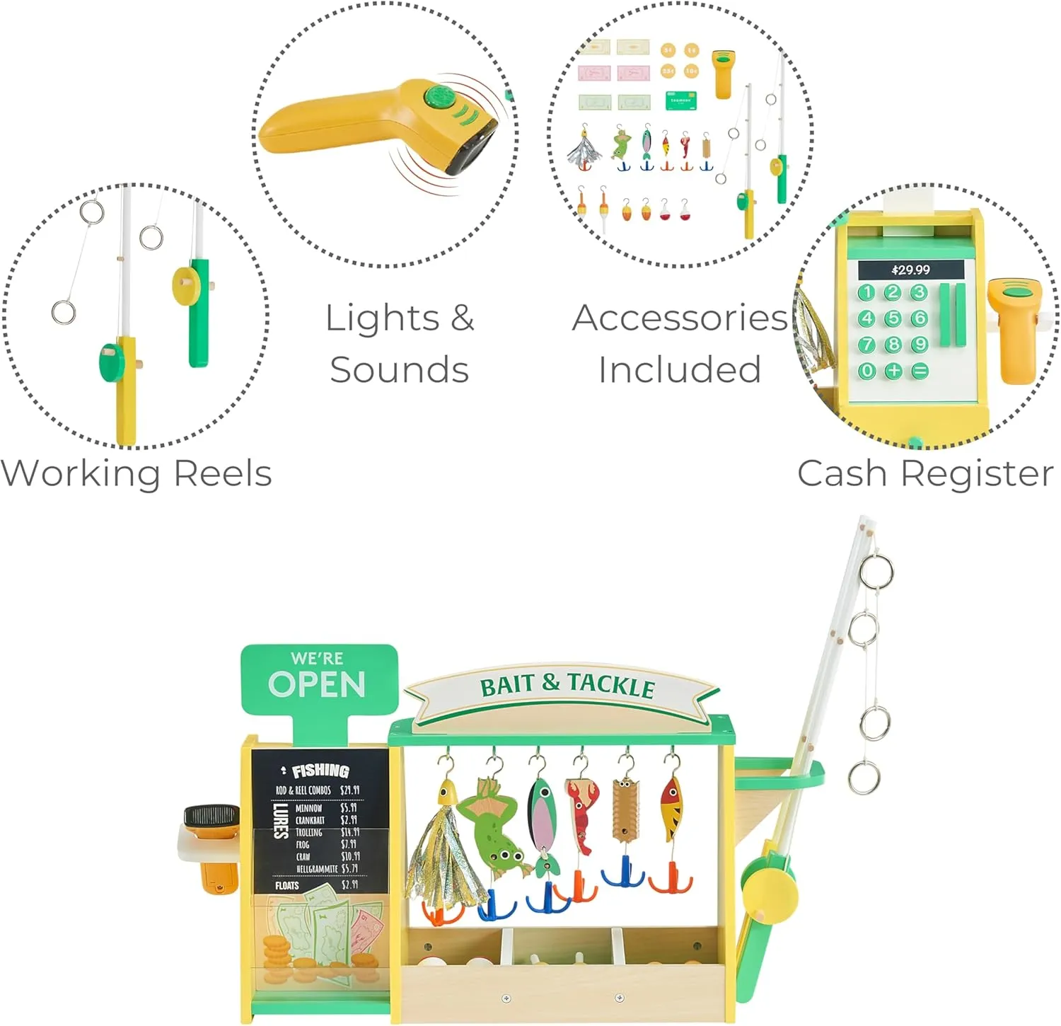 Teamson Kids My Little Helper Fishing Shop & 26 pc. Accessory Set with Interactive Handheld Scanner, Green/Yellow