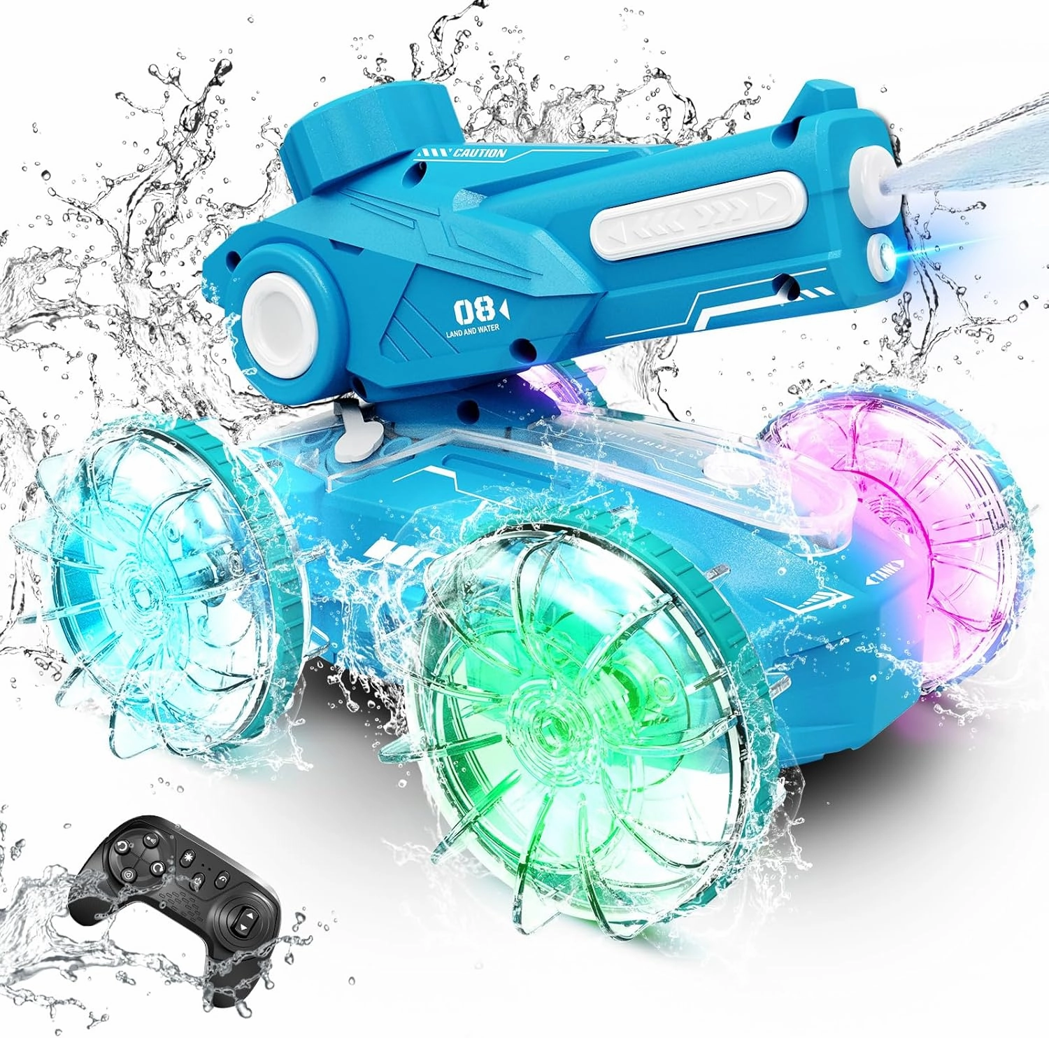 Tecnock Amphibious Remote Control Car Boat for Kids, 2.4GHz 4WD Water Squirt RC Stunt Car with LED Lights, 45-Minute Playtime, Pool Toy Gift for Boys and Girls Ages 6 