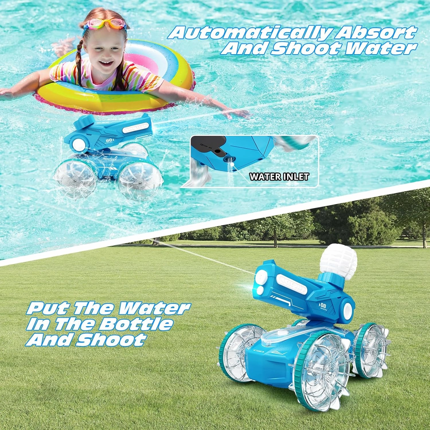 Tecnock Amphibious Remote Control Car Boat for Kids, 2.4GHz 4WD Water Squirt RC Stunt Car with LED Lights, 45-Minute Playtime, Pool Toy Gift for Boys and Girls Ages 6 