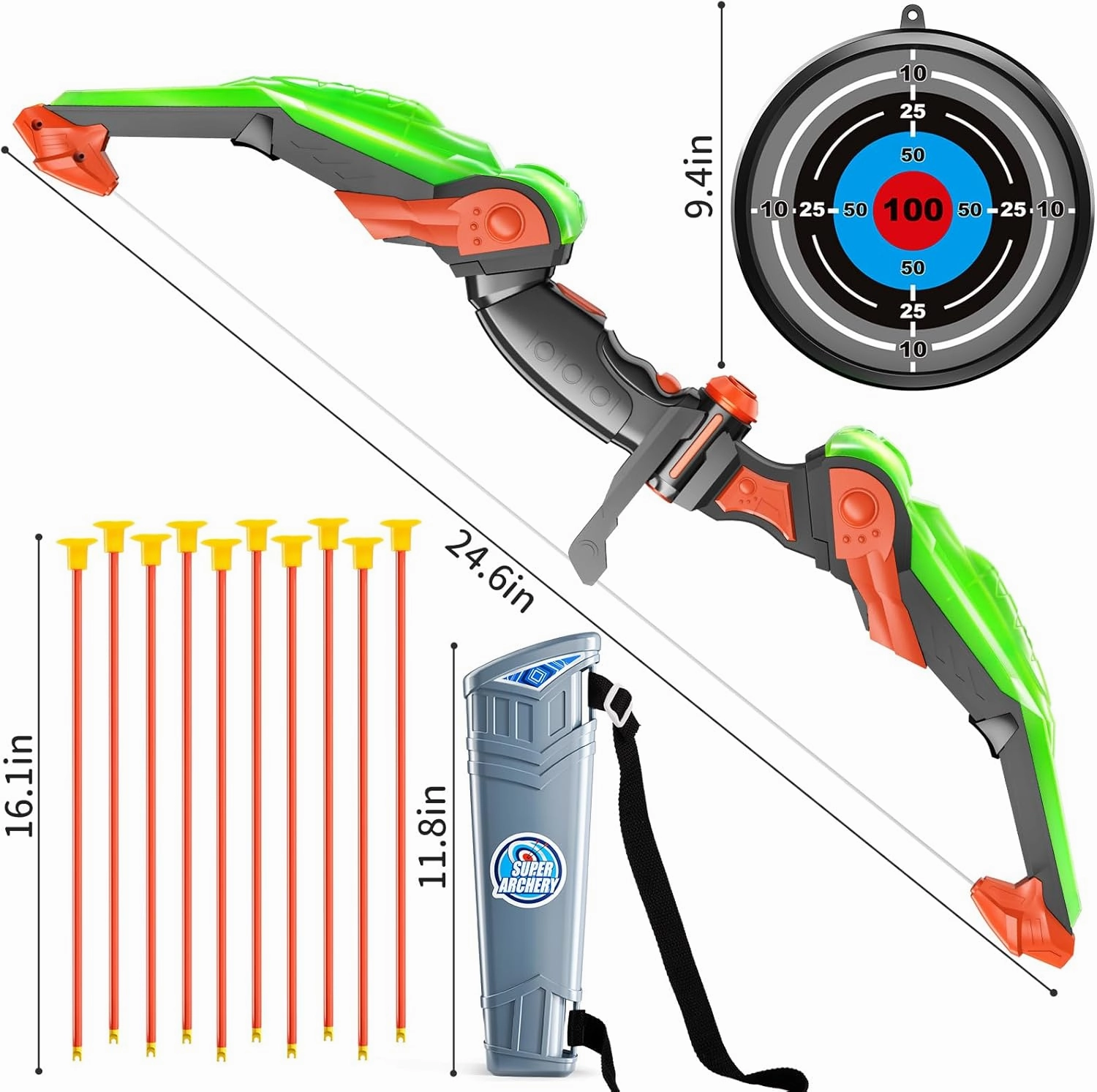 TEMI Bow and Arrow Set for Kids - Archery Toy Set - LED Light Up with Suction Cup Arrows, Target & Quiver, Indoor and Outdoor Toys for Children Boys Girls