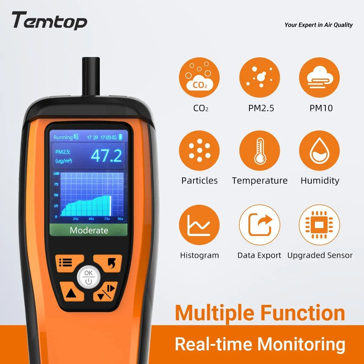 Temtop Air Quality Monitor CO2 Meter Professional CO2 PM2.5 PM10 Formaldehyde Temperature and Humidity Monitor w/Audio Alarm Data Export (M2000 2nd)