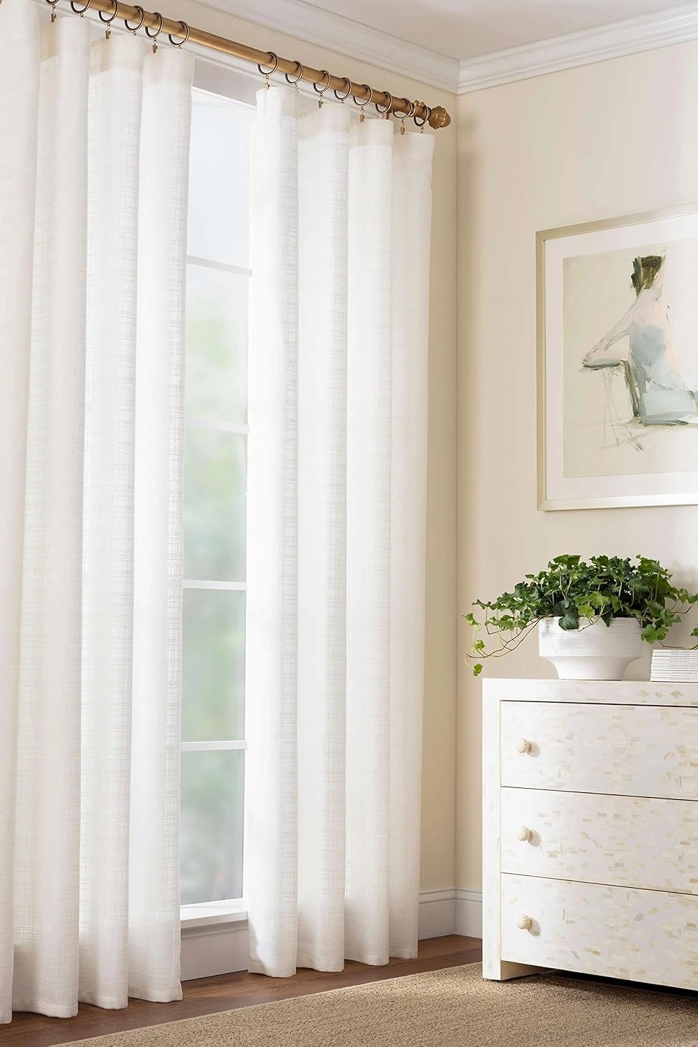 Textured Sheer Dove White Curtain Panel, 48" W x 63" L, White Solid Pattern