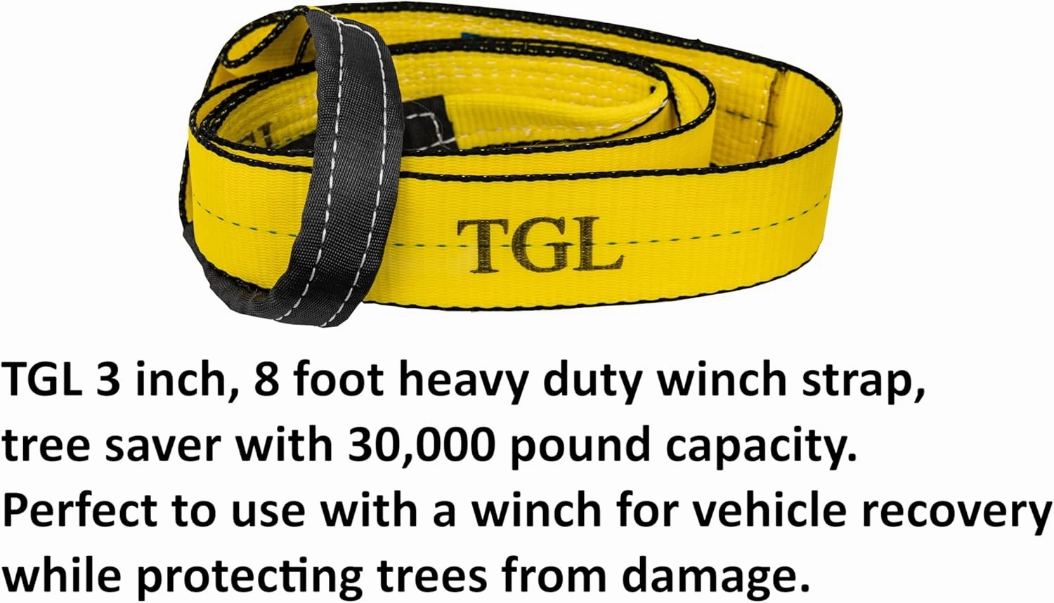 TGL 3 inch, 8 Foot Tree Saver, Emergency Recovery Tow Strap Winch Extension, Pull Strap 30,000 lbs Break Strength, Reinforced Loop Ends for Truck, UTV, ATV & More - Compatible with Jeep, Ford, Toyota
