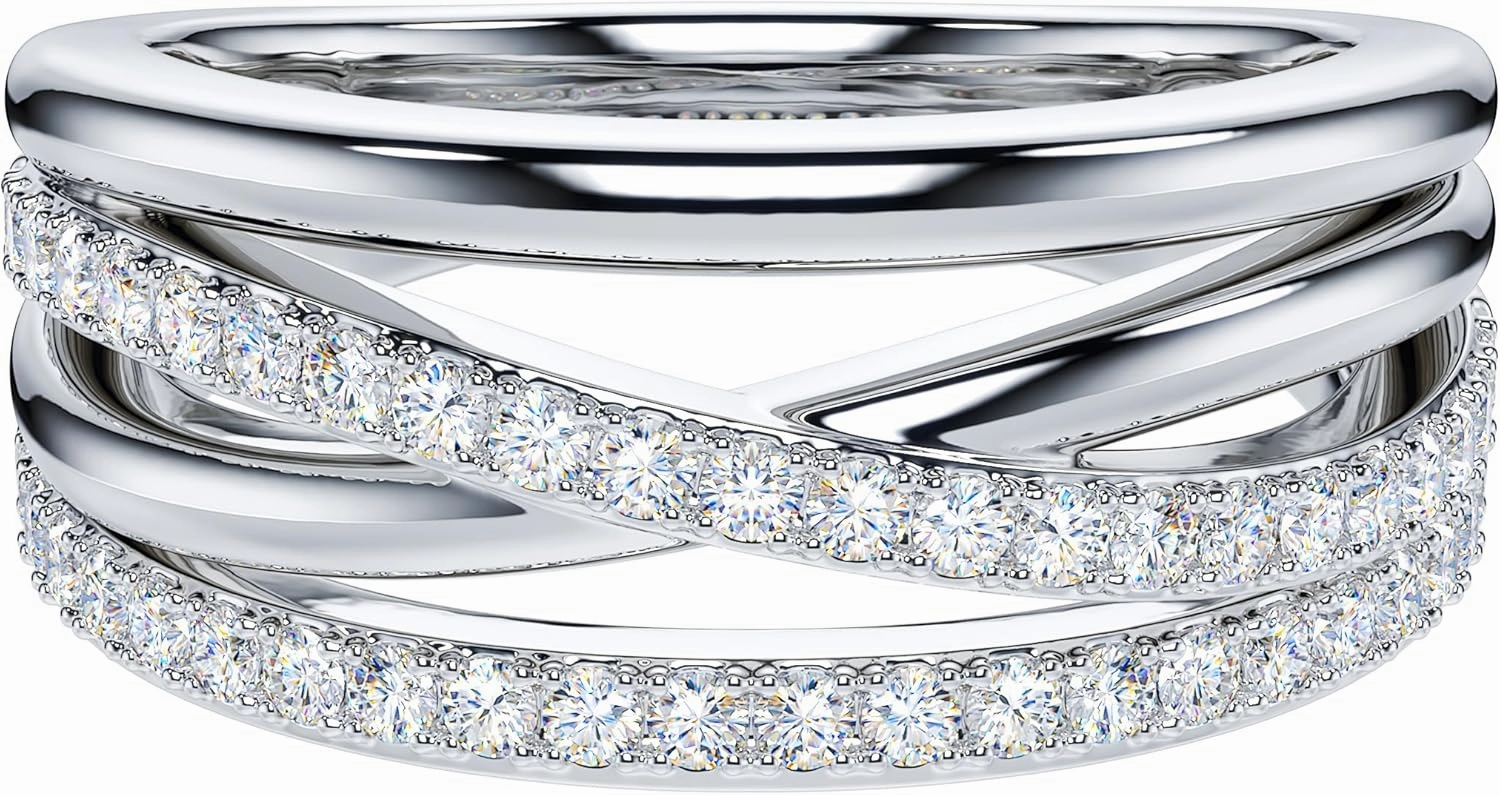 THELANDA Genuine Moissanite or Simulated Diamond Sterling Silver 8.5mm Four Row Criss Cross Crossover Infinity Wedding Ring For Couples