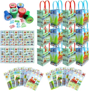 TINYMILLS Train Birthday Party Assortment Favor Set of 108 pcs (12 Large Party Favor Bags with Handles, 24 Stampers, 12 Sticker Sheets, 12 Coloring Books, 48 Crayons)