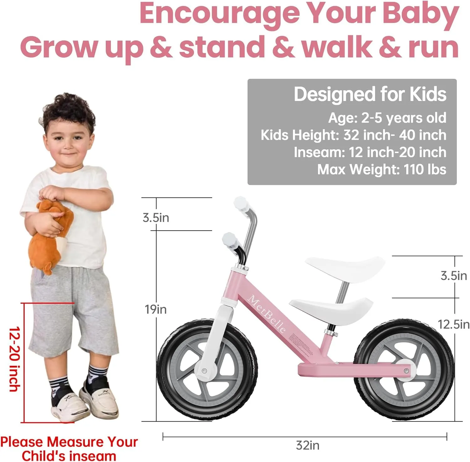 Toddler Balance Bike 2-5 Year Olds,12”No Pedal Kids Indoor Outdoor Toy Bike 2 Year Old with Tool-Free Adjustments Seat, Lightweight First Bike Gift for 2-3 Boys Girls