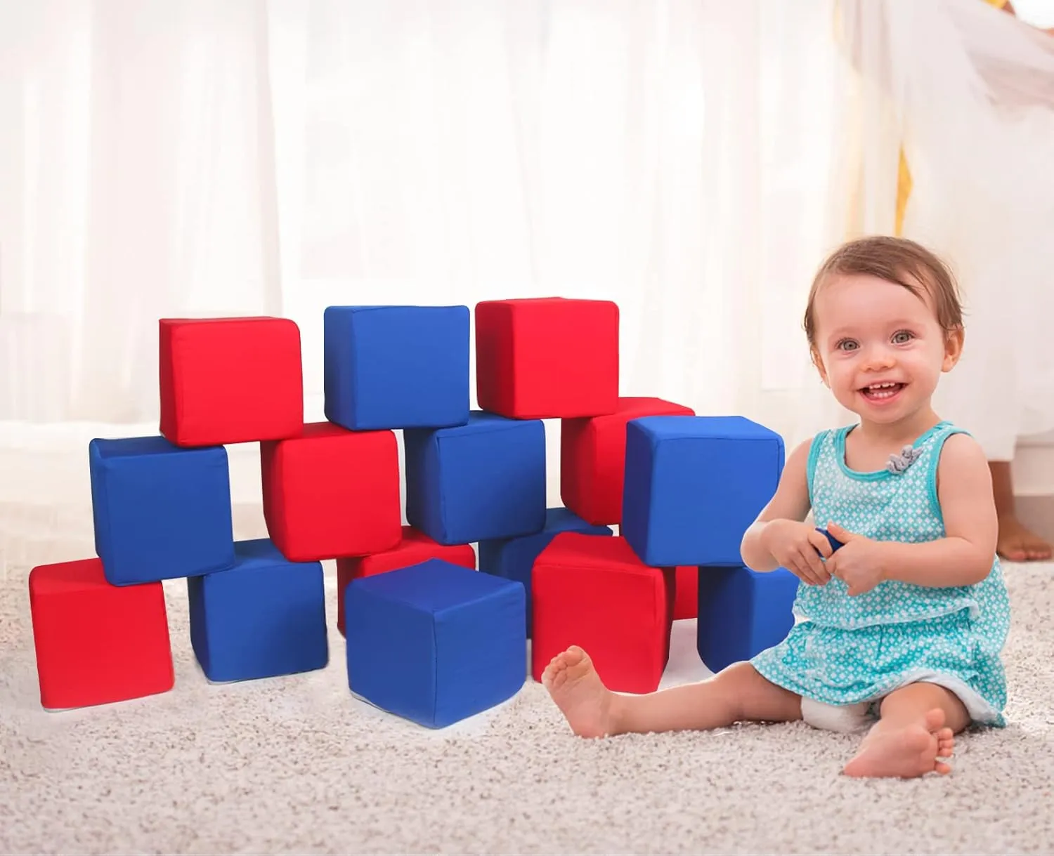 Toddler Foam Blocks, 16 PCS 5.5 inch Colourful Foam Soft Cubes for Kids, Stacking Block Sets Building Blocks Throwing Toys（Blue and Red）