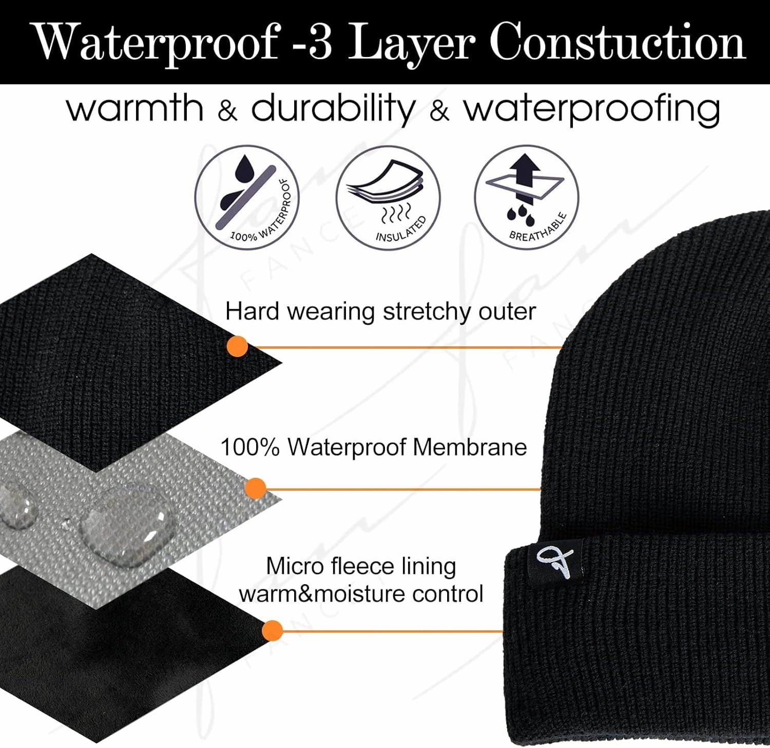 TOP-EX L/XL/XXL Waterproof Beanie Fleece Lined Hat for All-Weather Winter Warm