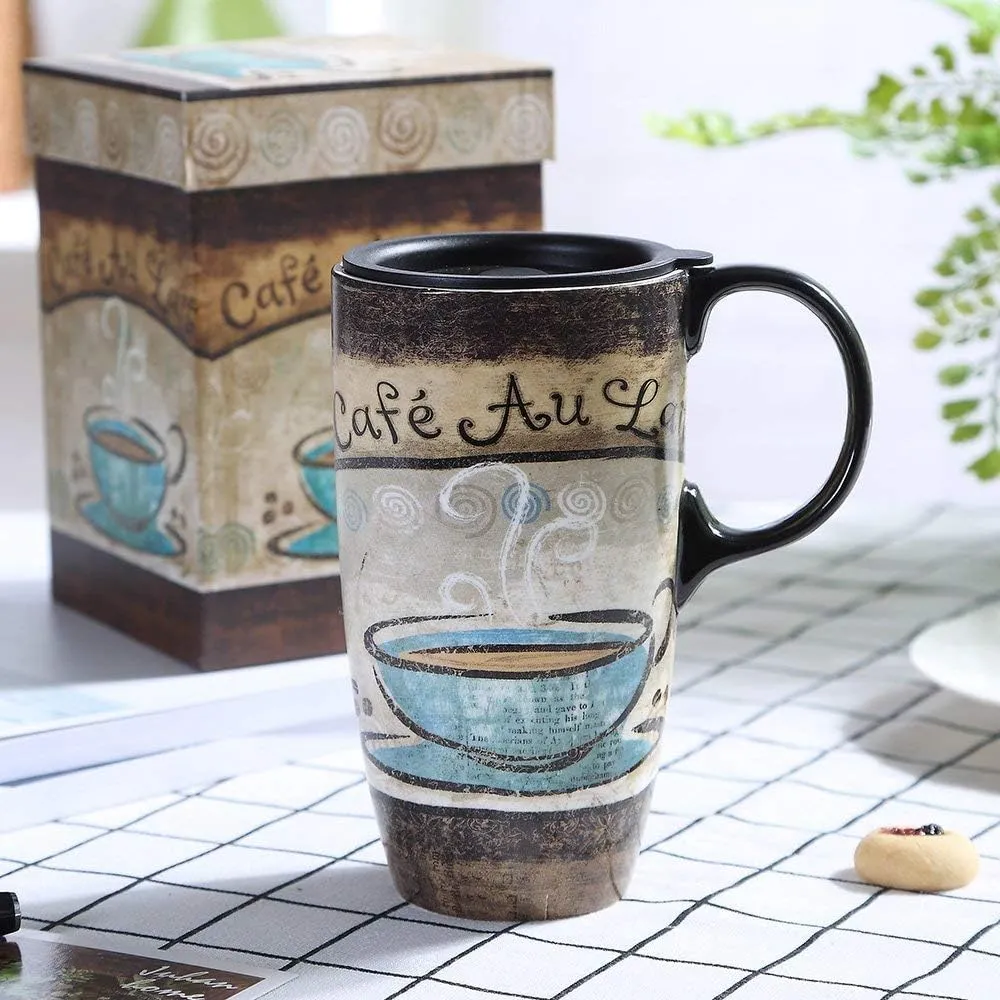 Topadorn Ceramic Latte Mug 17 oz. Coffee Cup with Sealed Lid and Gift Box,set of 2