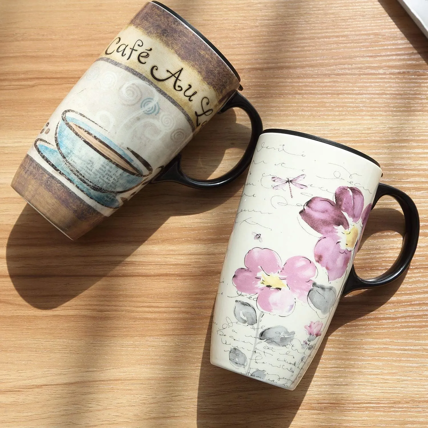 Topadorn Ceramic Latte Mug 17 oz. Coffee Cup with Sealed Lid and Gift Box,set of 2