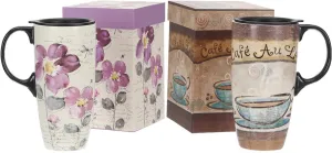 Topadorn Ceramic Latte Mug 17 oz. Coffee Cup with Sealed Lid and Gift Box,set of 2