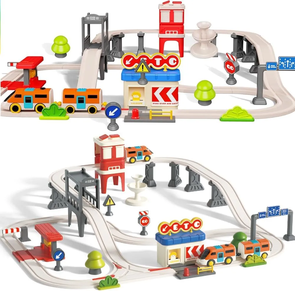 TOPLIVING Urban Rail Electric Trains Set for Kids, 55 PCS Battery Operated Trains Set, Magnetic Train Toys w/Music & Train Tracks Accessories, Birthday Gifts for Toddlers