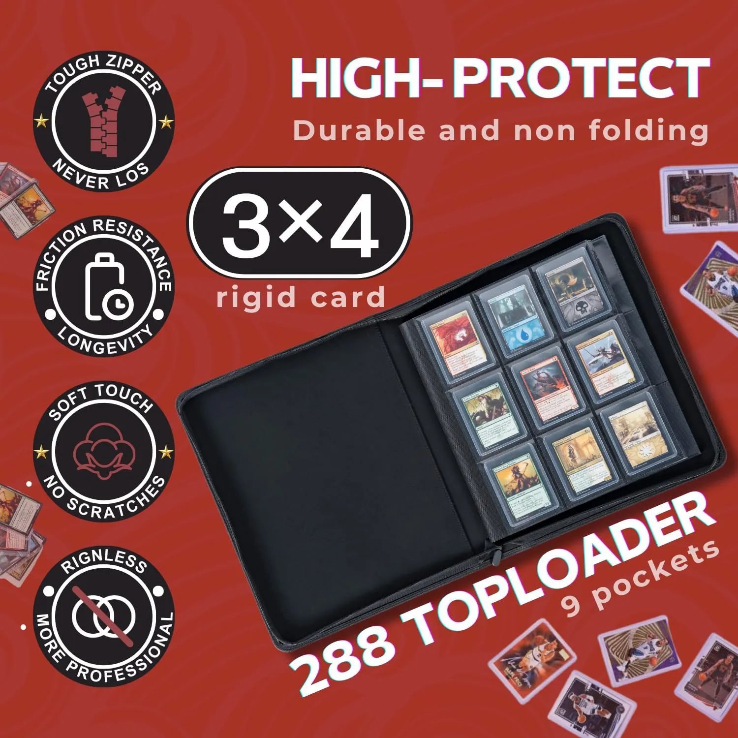 Toploader Binder - Holds 288  Top Loaders for Cards, 9 Pocket Top Loader Binders with Sleeves for 3" x 4" Rigid Card Holders for YugiOh, Baseball, Football and other Sports Cards (Red)