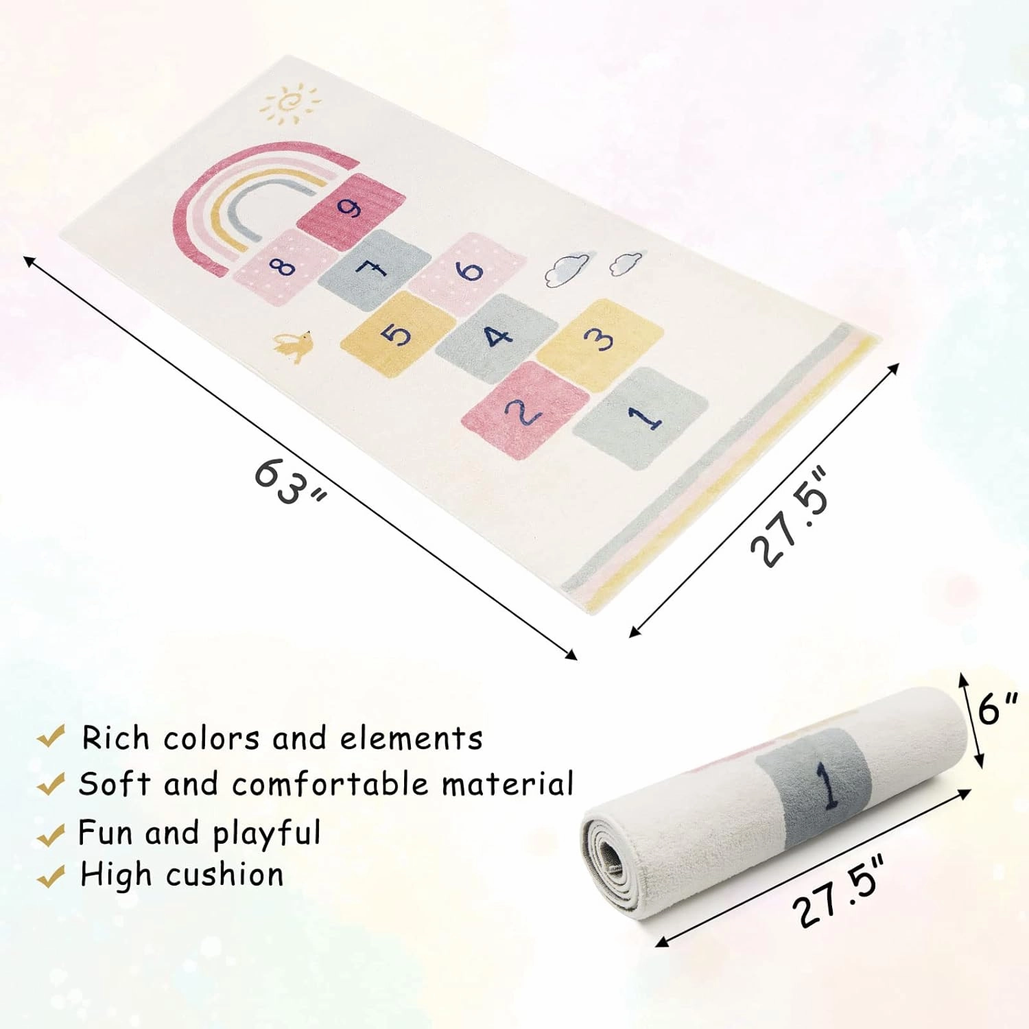 Topotdor Rainbow Sky Hopscotch Game Rugs,Kids Play Area Rugs Soft Floor Carpet for Bedroom Playroom Nursery,Great Gift for Girls & Boys,27.5" x 63"