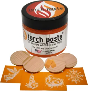 Torch Paste Vintage Christmas Ornament/Coaster Kit The Original Wood Burning Paste | 4 Reusable Stencils | Candle, Manger, Snowflake, Angel | 2 Squeegees | 4 Wood Rounds