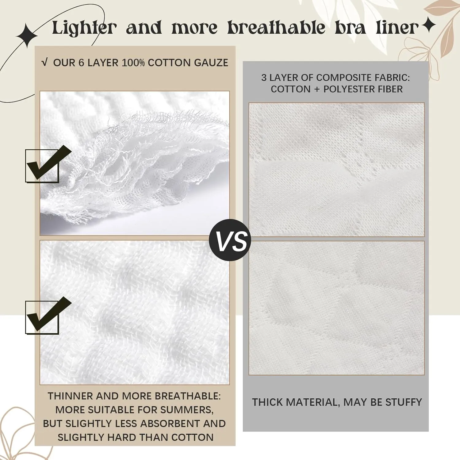 Toulite 10 Pcs 6 Layer Bra Liner Sweating, Cotton Sweat Liner Under Bra Pad Breast Washable Rectangle Absorb for Women Supply