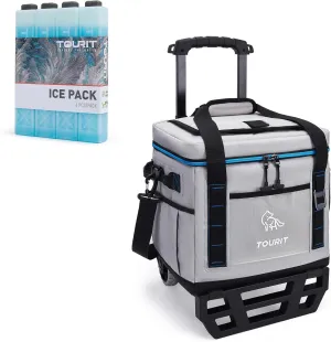 TOURIT 50-Can Insulated Rolling Cooler & 4 Set Reusable Ice Packs Bargain Perfect Combination