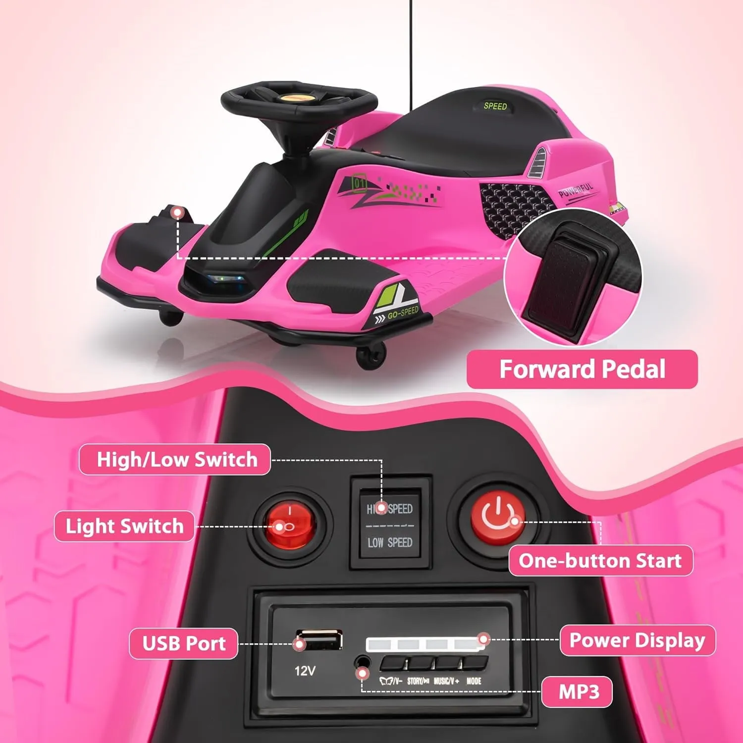Track 7 12V Ride-On Drifting Car, Kids Electric Go Kart with Protector, Ride On Racing Car with 360° Spin, USB, LED Lights, Max Speed 5 mph, Age 8-12 Years, Pink