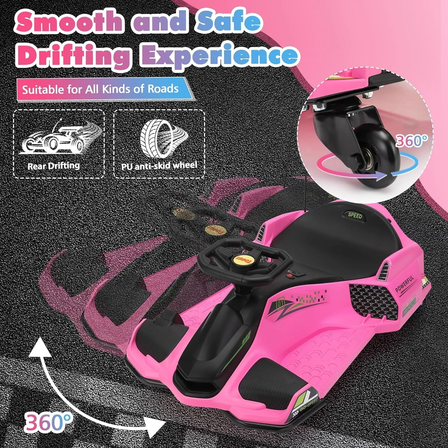 Track 7 12V Ride-On Drifting Car, Kids Electric Go Kart with Protector, Ride On Racing Car with 360° Spin, USB, LED Lights, Max Speed 5 mph, Age 8-12 Years, Pink
