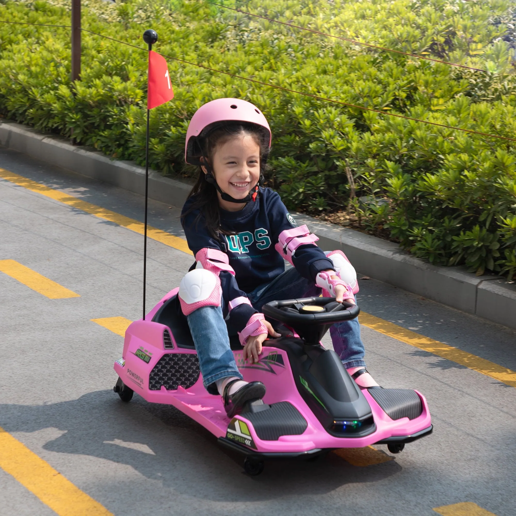 Track 7 12V Ride-On Drifting Car, Kids Electric Go Kart with Protector, Ride On Racing Car with 360° Spin, USB, LED Lights, Max Speed 5 mph, Age 8-12 Years, Pink