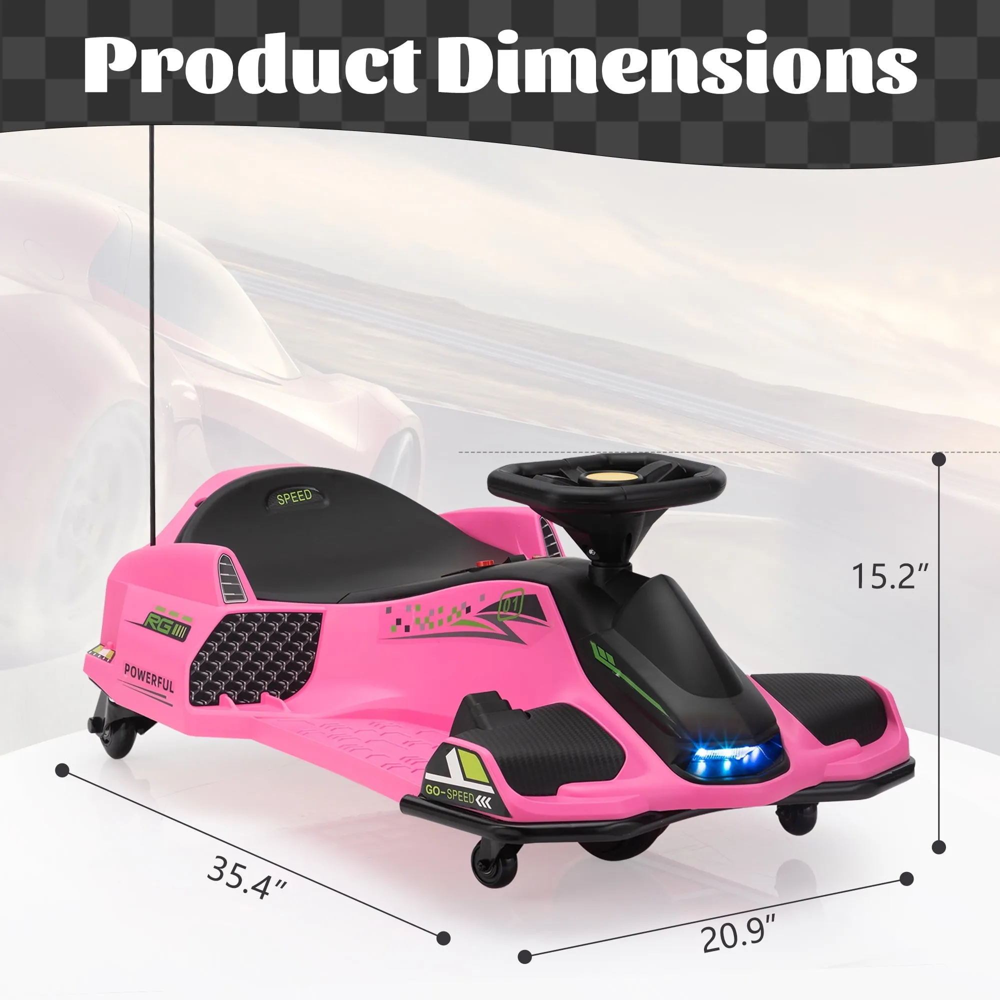 Track 7 12V Ride-On Drifting Car, Kids Electric Go Kart with Protector, Ride On Racing Car with 360° Spin, USB, LED Lights, Max Speed 5 mph, Age 8-12 Years, Pink