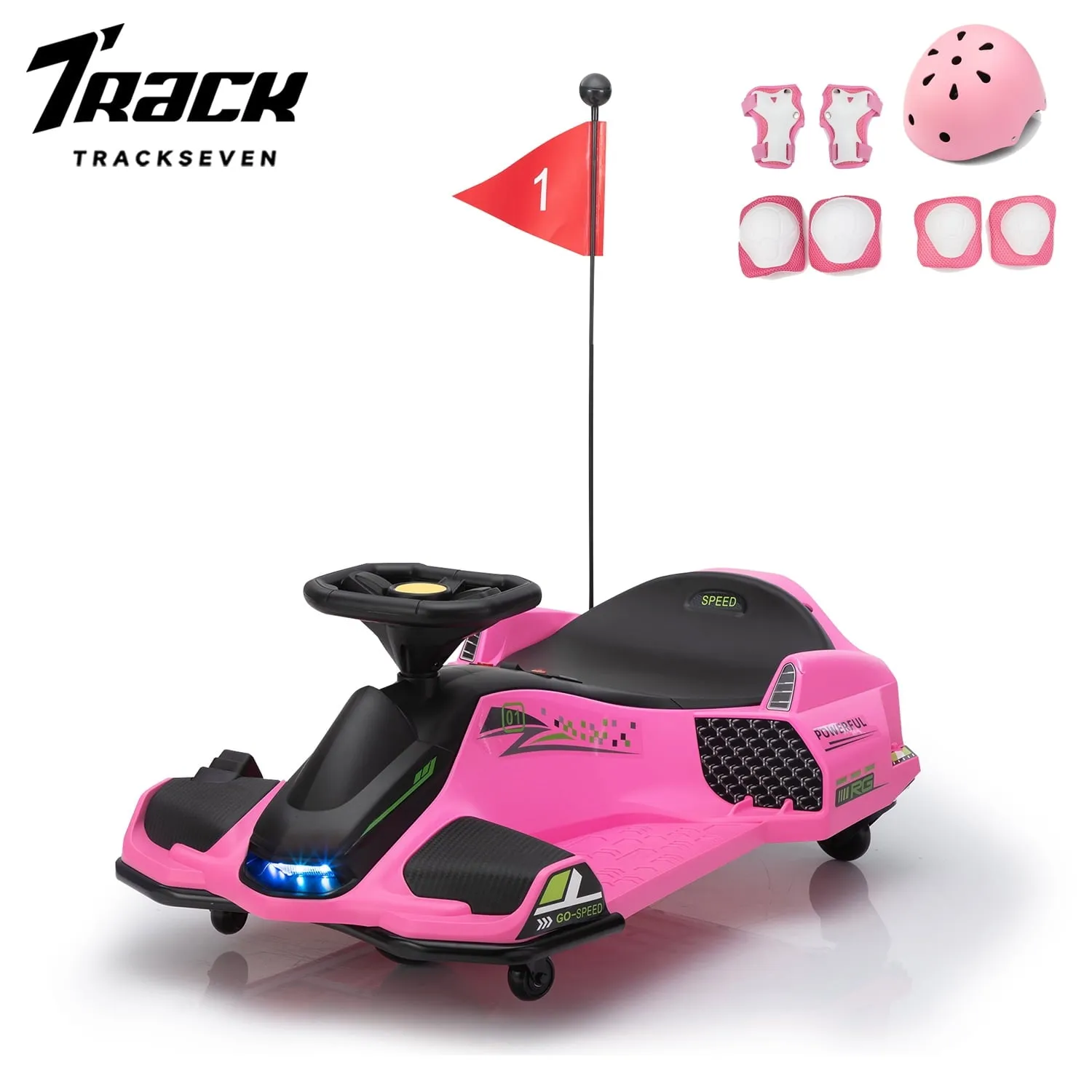 Track 7 12V Ride-On Drifting Car, Kids Electric Go Kart with Protector, Ride On Racing Car with 360° Spin, USB, LED Lights, Max Speed 5 mph, Age 8-12 Years, Pink