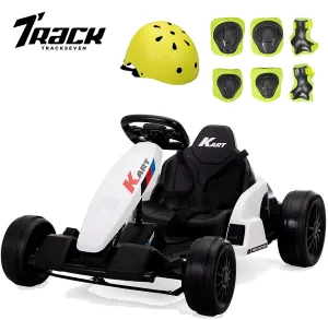 Track 7 24V Electric Drifting Go Kart for Kids,Max Speed Up to 8mph,Music,Safety Belt,Helmet,Knee Pads,Elbow Pads,Palm Pads.Electric Ride on Car,Racing Drift Kart for Kids Age 3 ,White
