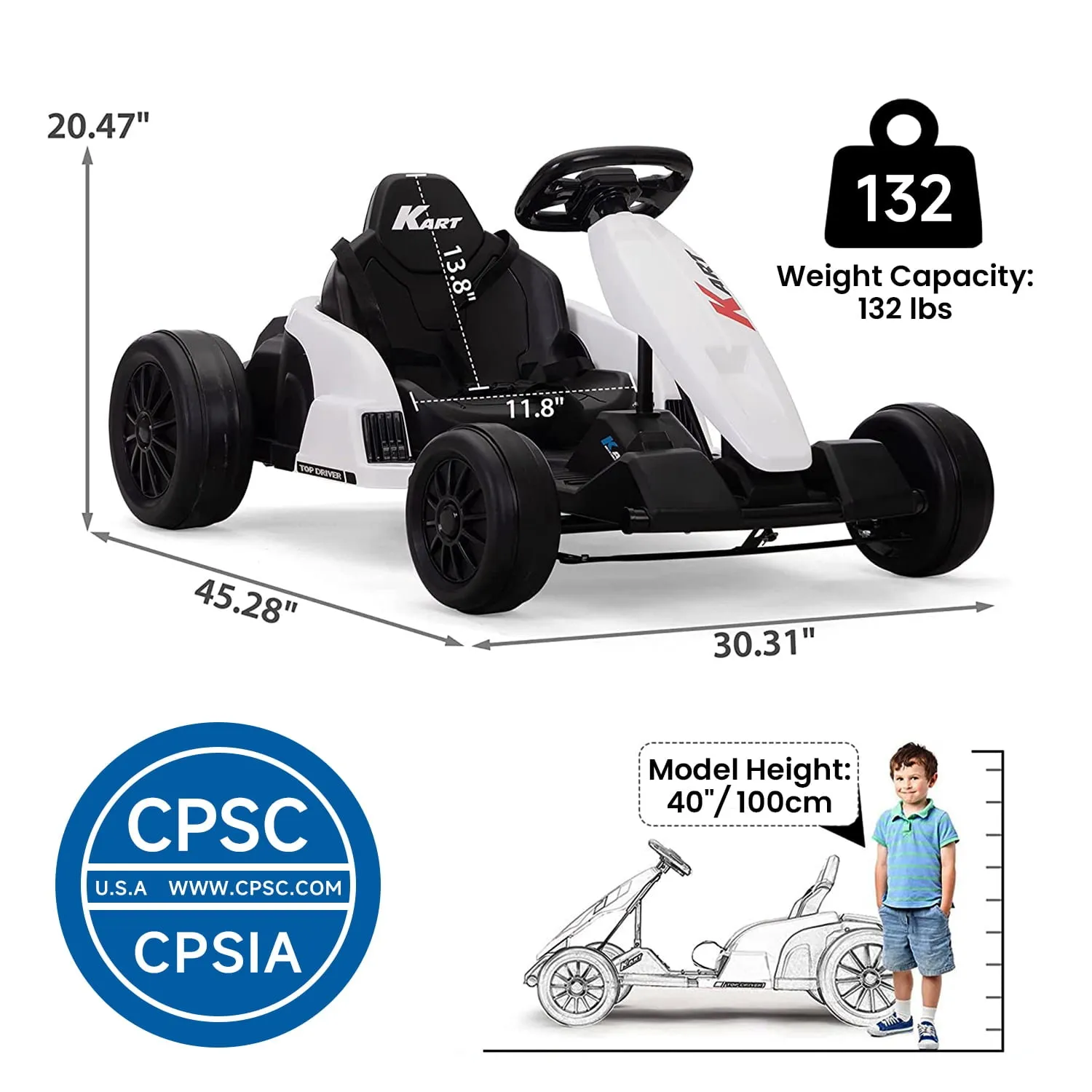 Track 7 24V Electric Drifting Go Kart for Kids,Max Speed Up to 8mph,Music,Safety Belt,Helmet,Knee Pads,Elbow Pads,Palm Pads.Electric Ride on Car,Racing Drift Kart for Kids Age 3 ,White