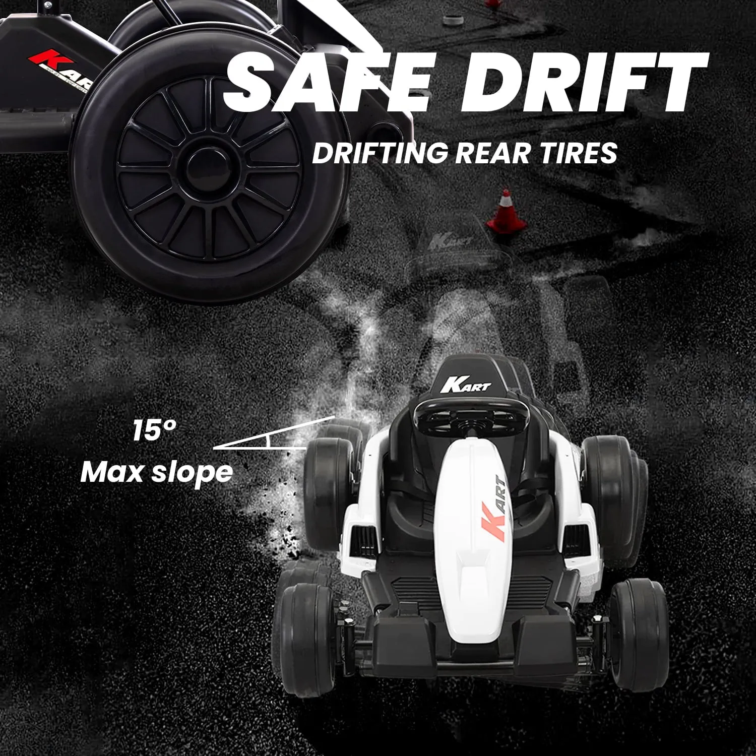 Track 7 24V Electric Drifting Go Kart for Kids,Max Speed Up to 8mph,Music,Safety Belt,Helmet,Knee Pads,Elbow Pads,Palm Pads.Electric Ride on Car,Racing Drift Kart for Kids Age 3 ,White