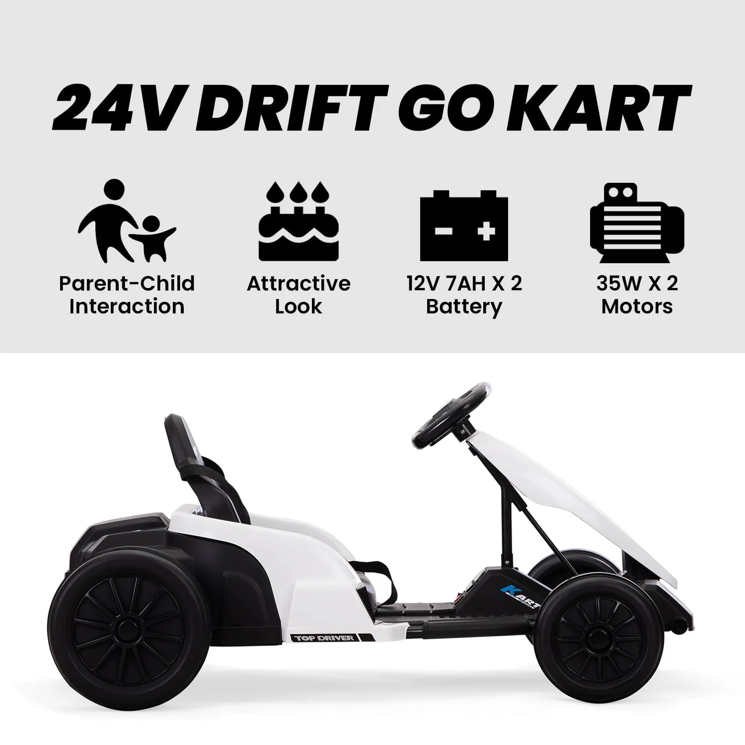Track 7 24V Electric Drifting Go Kart for Kids,Max Speed Up to 8mph,Music,Safety Belt,Helmet,Knee Pads,Elbow Pads,Palm Pads.Electric Ride on Car,Racing Drift Kart for Kids Age 3 ,White