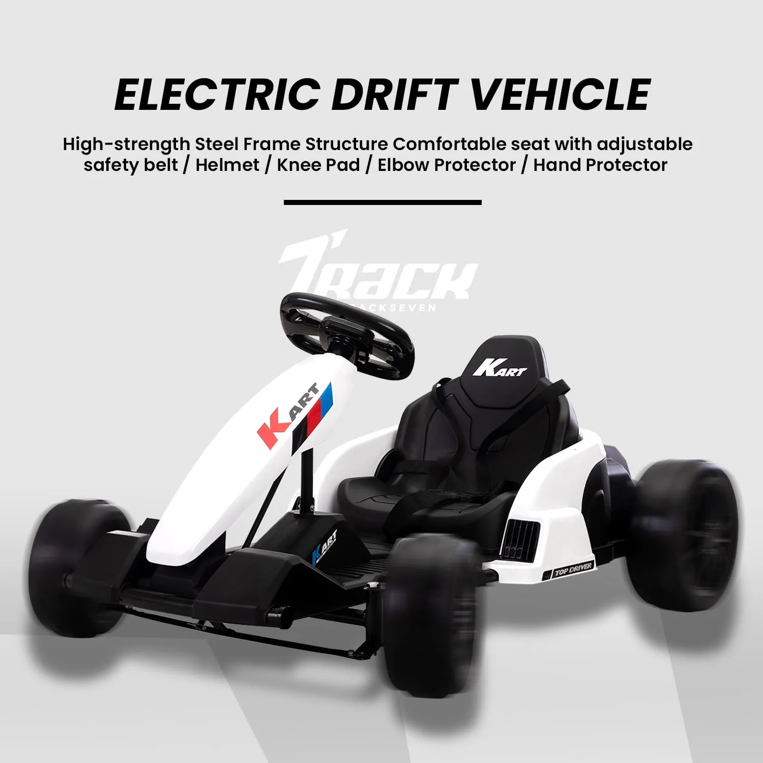Track 7 24V Electric Drifting Go Kart for Kids,Max Speed Up to 8mph,Music,Safety Belt,Helmet,Knee Pads,Elbow Pads,Palm Pads.Electric Ride on Car,Racing Drift Kart for Kids Age 3 ,White