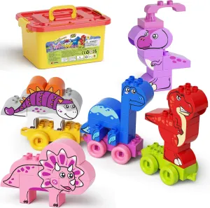 Train Building Block Set Dinosaurs Educational Toy STEM Learning for Toddlers Preschool Ages 3 Girls Boys, Creative Nature Toy Activity Playset with Storage Bucket Birthday Gift Ideas