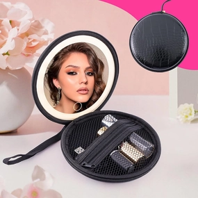 Travel Makeup Mirror with Bag - 5.1 Inch Compact Portable Makeup Mirror, Crocodile Black Design, Lightweight & Durable, Perfect for Travel & Home Use