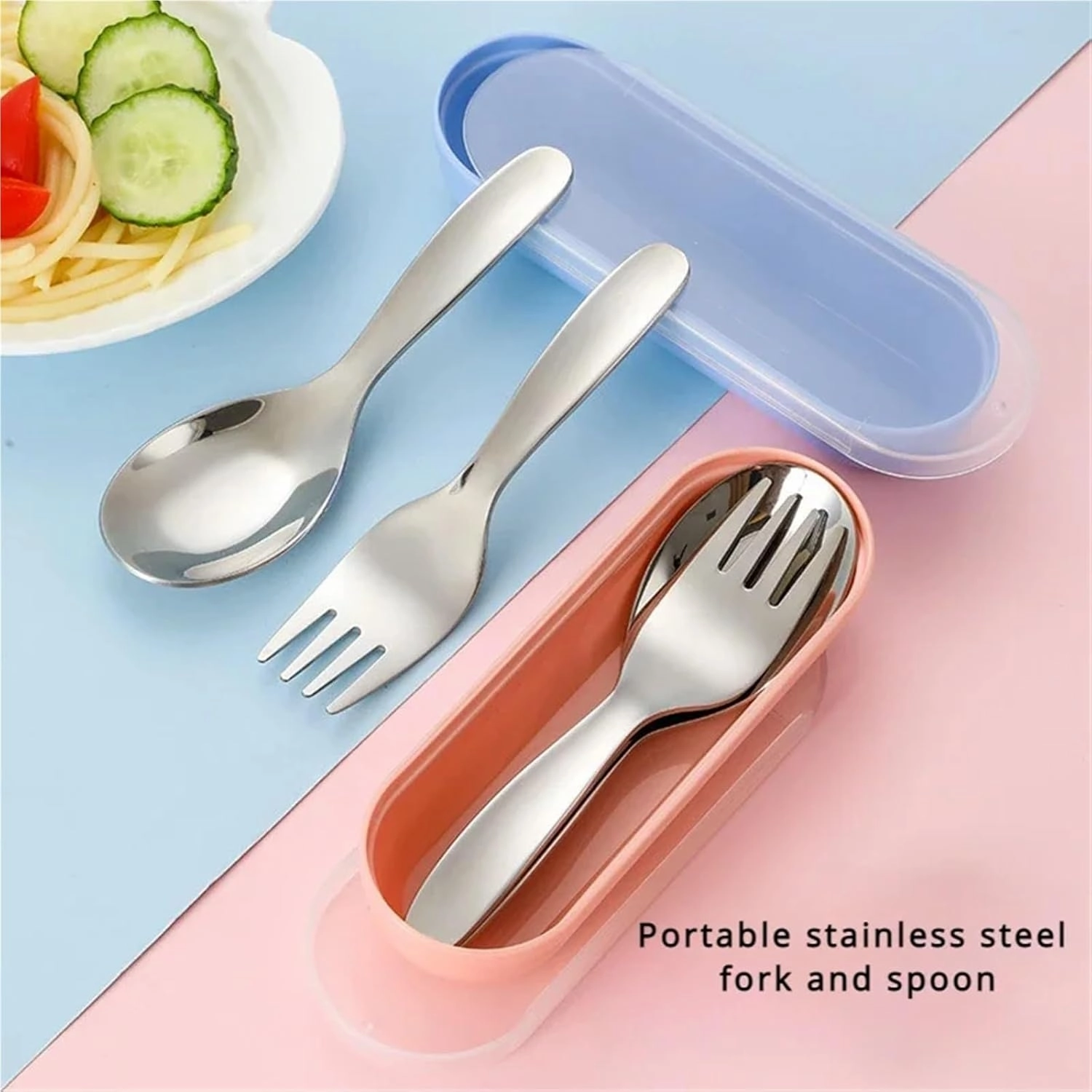 Travel Utensils with Case 2 PCS 1 Set Portable Spoon Fork Tableware Outdoor Camping Stainless Steel Cutlery Set for Hiking Outdoor Camp Cooking Supplies(Pink-1 Set)