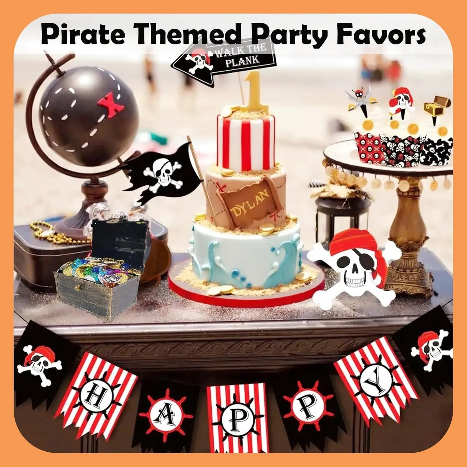 Treasure Chest for Kids Prizes,Plastic Treasure Chest with 320 Treasure Gold Coins and Gems/Jewels- Perfect for Pirate Themed Parties and Games